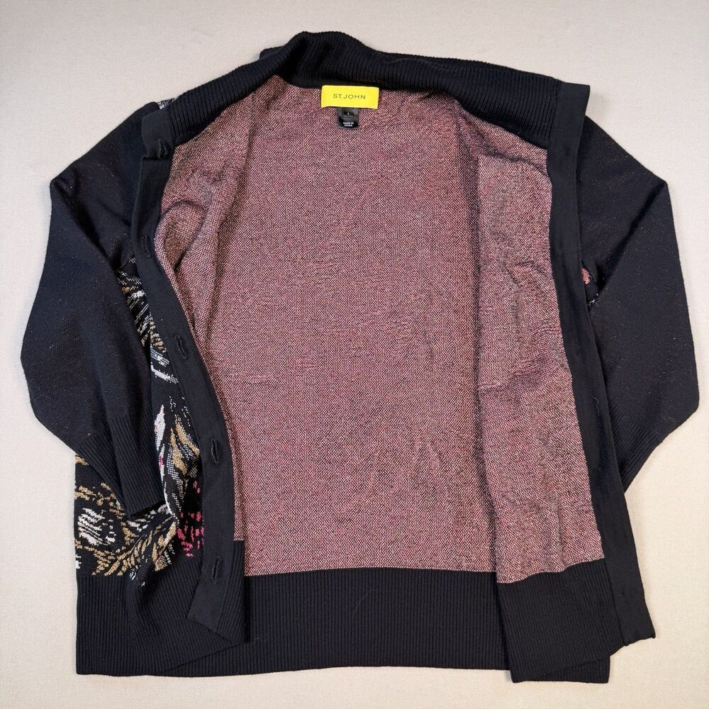 St. John Black Pink Gold Metallic Floral Print Wool Blend Cardigan Sweater Large - Picture 3 of 13